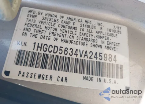 1997 Honda Accord Lx z USA, uszkodzony, nr VIN 1HGCD5634VA245984